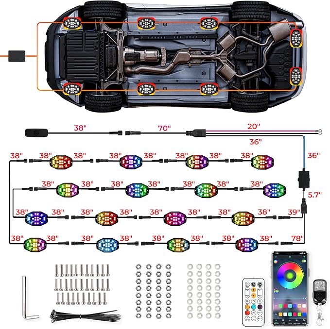 16 Pods 9 Side 288 LEDs Rock Lights, App/2 Remote Control RGB Underglow Lights Compatible with 12V Trucks Jeep UTV ATV Golf Cart,Brake Signal,Waterproof,Music Mode,Plug and Play,Multi-Color(Patented)