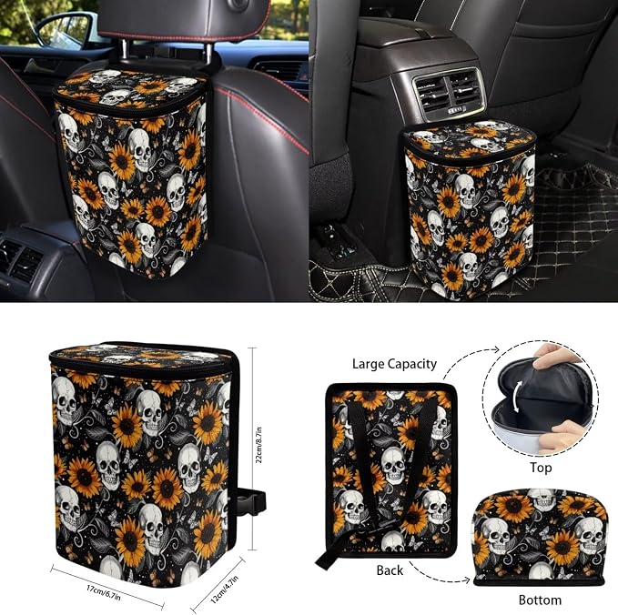Sunflower Skeleton 15 PCS Car Seat Cover Full Set with Steering Wheel Cover Seat Belt Strap Pads Cup Coasters Trash Bag Rearview Mirror Cover Keychain Auto Interior Decor