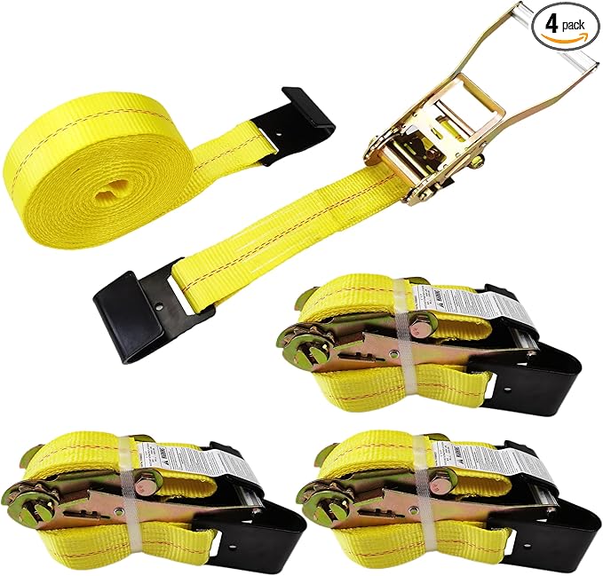 KJE Flat Hook Ratchet Straps,4 Pack Heavy Duty Tie Down Straps 2" x 27' Weather Resistant Cargo Strap 3,333 Pound Working Load Limit for Flatbed, Truck, Trailers Pickup