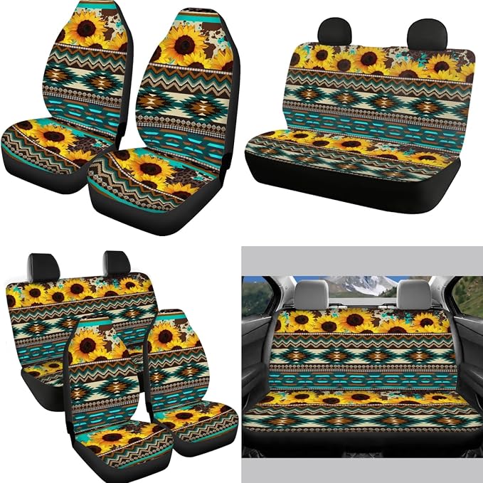 12pcs Aztec Sunflower Car Seat Cover Accessory for Women,Southwest Tribal Graphic Sunflower Car Front&Rear Bench Seat Covers,Key,15Inch Steering Wheel,Seatbelt,Armrest Pad,Auto Interior Decor
