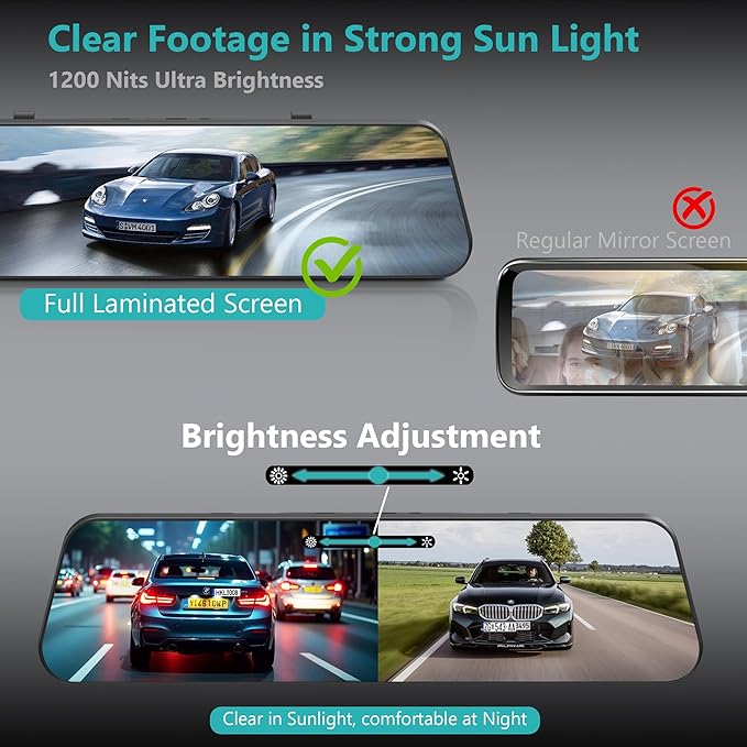 12'' 4K Rear View Mirror Camera,4K+2.5k Front and Rear Mirror Dash Cam,ADAS BSD LCA Smart Rearview Mirror for Cars,App WiFi,Night Vision, Parking Monitor, 64GB Card & GPS Digital View Mirror Dashcam