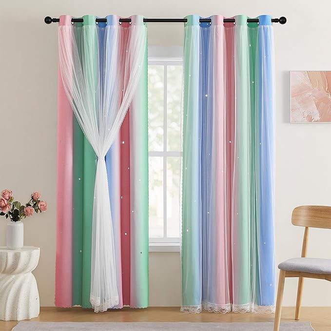 XiDi Pink Green Blue 90 Inches Curtains for Girls Bedroom 2 Panels Set, Blackout Rainbow Curtains for Kids Room Decor, Unicorn Wall Decals Drapes for Little Girl Nursery Room 34 Inches Wide