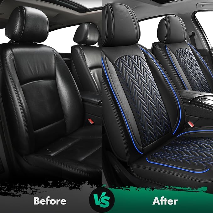 SCITOO 2PCS Universal Waterproof Front Car Seat Covers,Black&Blue | Leather Car Seat Covers，Airbag-compatible,Detachable design, easy to install & remove,Fits for Chevrolet, For Ford
