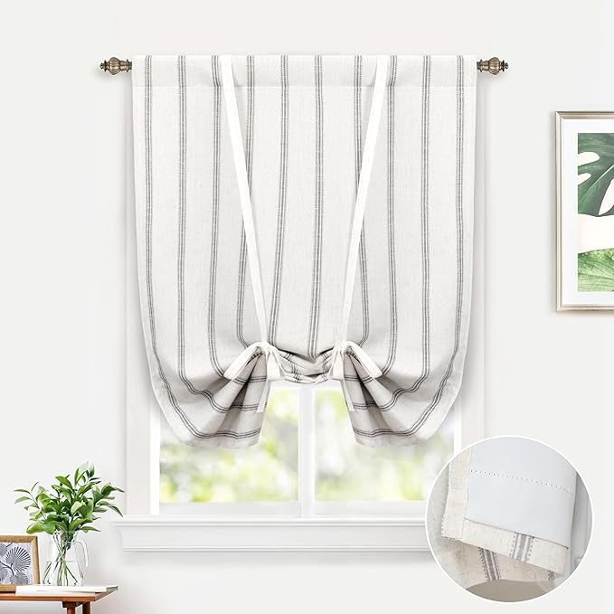 DriftAway Farmhouse Double Layer Linen Blackout Tie Up Curtains Thermal Insulated Vertical Striped Fully Lined Balloon Roman Shade Bathroom Window Adjustable Rod Pocket 31 Inch by 47 Inch Gray