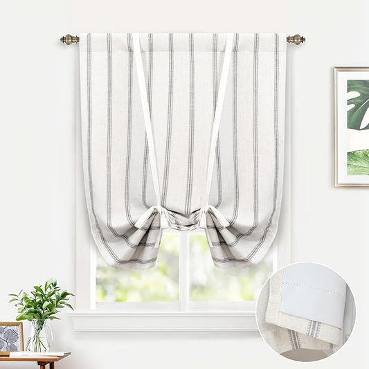 DriftAway Farmhouse Double Layer Linen Blackout Tie Up Curtains Thermal Insulated Vertical Striped Fully Lined Balloon Roman Shade Bathroom Window Adjustable Rod Pocket 31 Inch by 47 Inch Gray