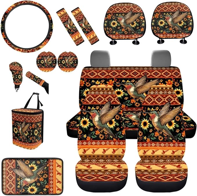 BIGCARJOB Hummingbird Car Seat Accessories Full Set 15 Pcs Art Hummingbird Seat Cover for Cars Front and Rear Handbrake Cover,Headrest Pillow Cover,Seat Belt Pads,Universal Fit
