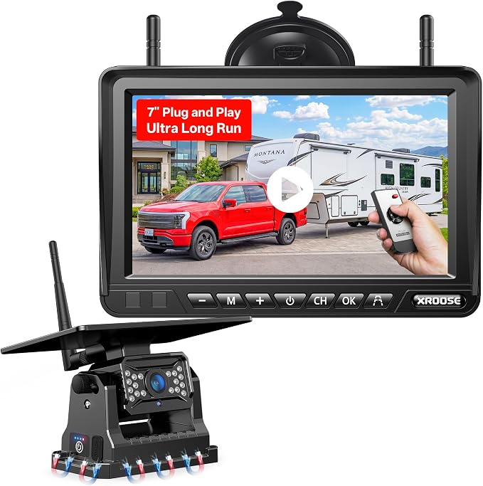 Magnetic Solar Wireless Backup Camera Plug and Play 7" 1080P HD DVR IPS Monitor,IR Night Vision,IP69 Waterproof 1-Min Solar Install,No-Drill,Xroose Wireless Backup Camera for Truck/Trailer/Camp