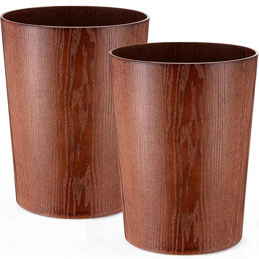Threehoney 2 Pack 2.3 Gallons Wood Trash Can Wastebasket Natural Wood Round Wastebasket Small Trash Bin for Home, Office Under Desk, Kitchen, Bedroom, Hotel, Room(Dark Brown,Flat)