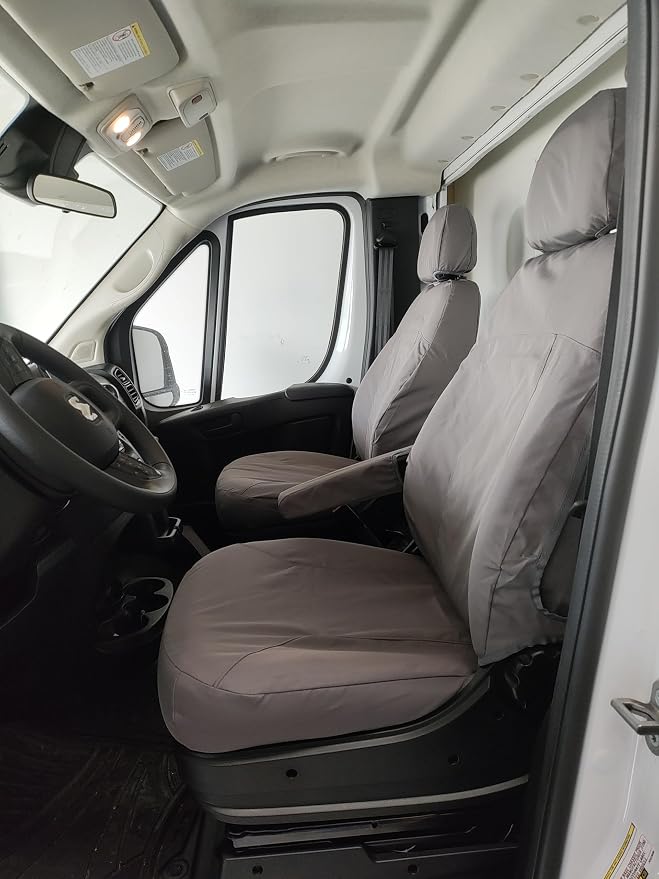 Durafit Seat Covers. D1338-C8. Made to fit 2013-2024 Promaster Van Exact Fit Front Bucket Seat Covers, Gray Waterproof Endura, Sold in Pairs Not for Rv Seats, armrest on Drivers only.