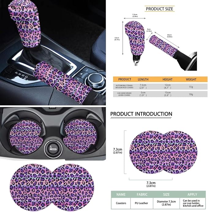 18 Pcs Purple Leopar Print Car Seat Cover SUV Full Set Cheetah Print Steering Wheel Cover+Center Console Pad+Armrest Cover+Seat Safety Belt Pad+Seatbelt Covers+Cup Mats+Keychain