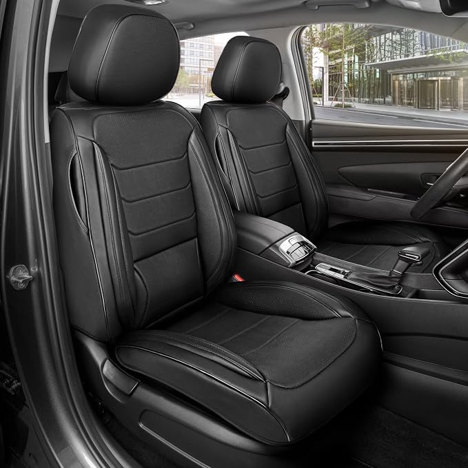 MotorBox Meridian Series Napa Leather Seat Covers for Cars, Classic Cushion Front Seat Covers, Premium PU Leatherette Black Car Seat Covers with Classic Line Design, Cars Trucks SUVs