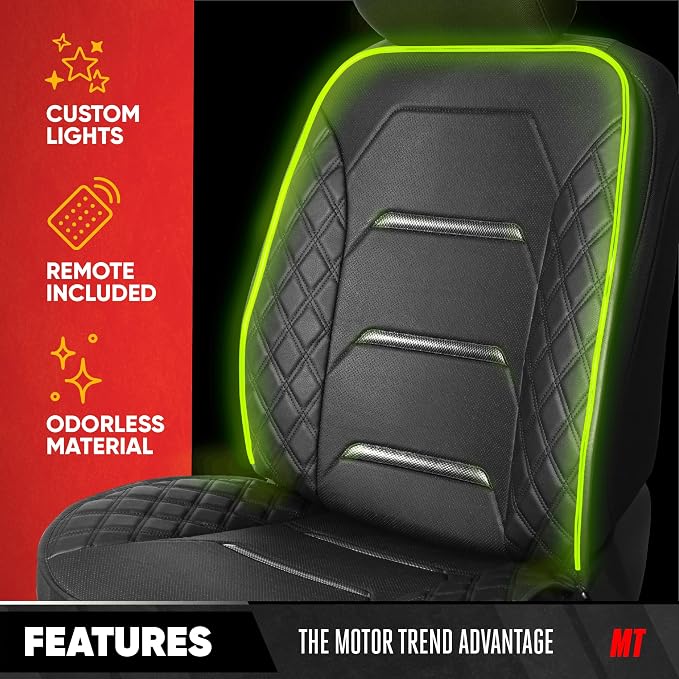 Motor Trend RGB LED Car Seat Protector with Remote 2 Pack — Color-Changing Front Seat Cover, 4 Modes (Music Sync, Pulse, Fade, Static), Universal Fit, Faux Leather Trim, Waterproof & Easy Install