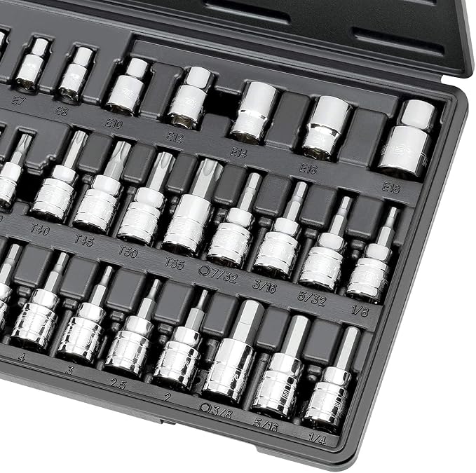 CARBYNE 36-Piece Hex (Allen) Torx Bit Socket and E-Torx Set, SAE and Metric, S2 Steel Bits, CrV Sockets, 1/4 in. 3/8 in. 1/2 in. Drive, Zinc Phosphate, Genuine Licensed Torx, Durable Case