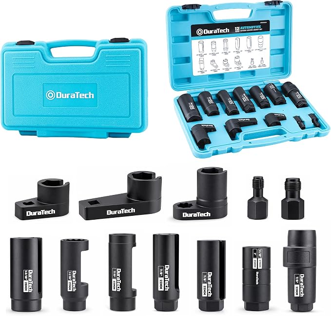 DURATECH 12-Piece Oxygen Sensor Socket Set, O2 Sensor Removal Tool Kit with 22mm, 27mm, 29mm, 7/8" and 1-1/16" Sockets, 3/8" & 1/2" Drive, Thread Chasers, O2 Sensor Socket Set with Storage Case