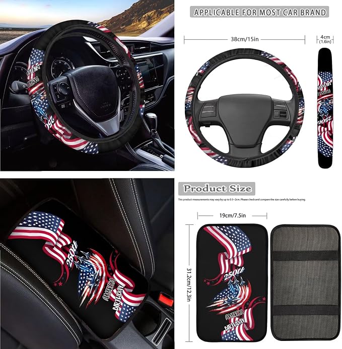 American Flag Print Car Seat Cover Full Set 250 Years Theme Bucket Seat Covers for Car Front Back Seats with Headrest Covers Steering Wheel Cover Safety Belt Pads Cup Coasters