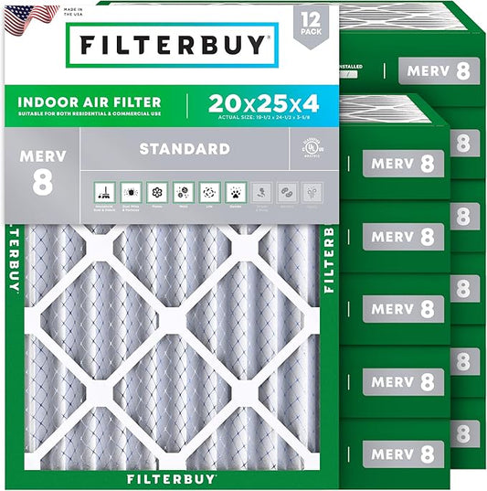 Filterbuy 20x25x4 Air Filter MERV 8 Essential Dust & Allergy Defense (12-Pack), Electrostatic Pleated HVAC AC Furnace Filters Replacement (Actual Size: 19.50 x 24.50 x 3.63)