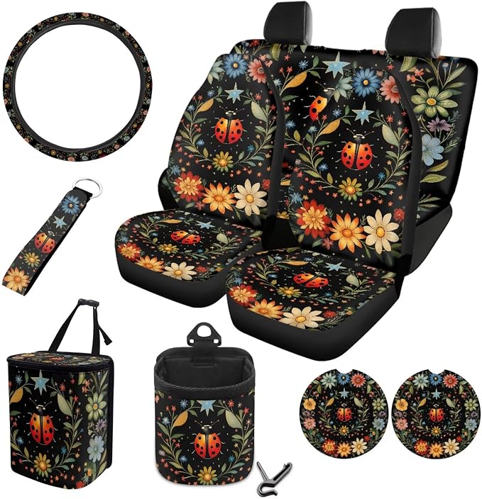 Ladybug Flower Print Car Seat Covers Full Set Car Accessories Pack of 10 Steering Wheel Cover Auto Trash Can Keychain Air Vent Pounch Bag Cup Holder Auto Decorations Interior