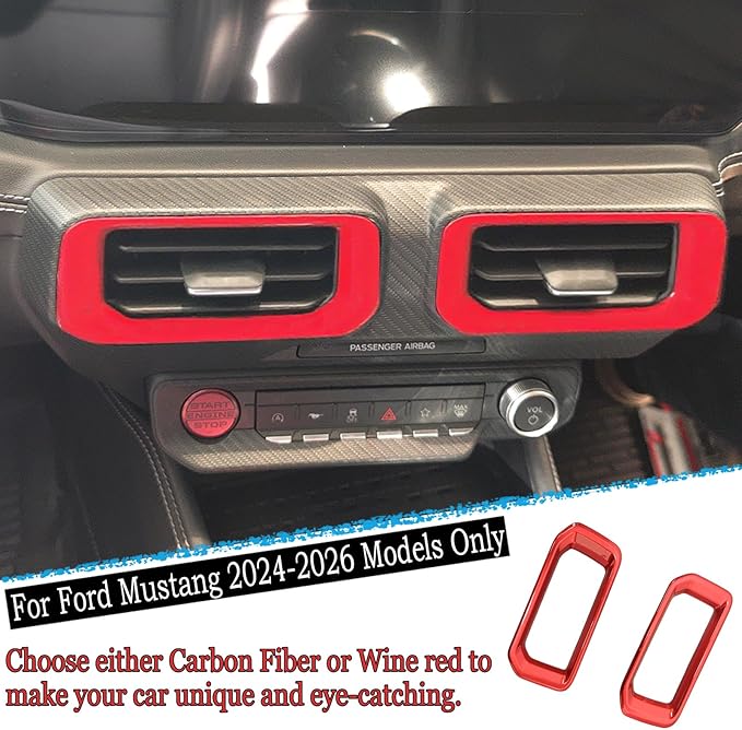 MUXEE A/C Vent Trim Panel Cover, for Ford Mustang 2024 2025 2026 - ABS Wine Red Dashboard AC Air Vent Outlet Sport Interior Trim Accessories（A-Shape）