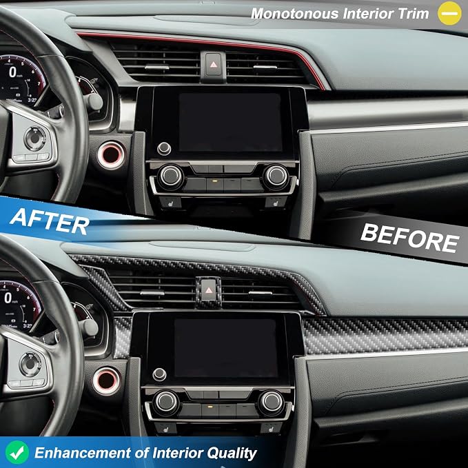 10PCS Real Carbon Fiber Interior Trim Kit Compatible with 2016-2021 10th Gen Honda Civic – Center Console Dashboard, Gear Panel, AC Air Vent, Interior Decor Sticker Accessories