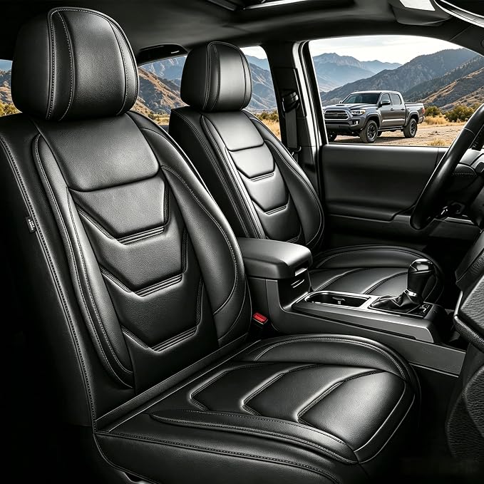 Seat Covers Compatible with 2024 2025 2026 Toyota Tacoma Double Crew Cab Waterproof Leather Seat Protectors for Trucks (5pc Full Set, Black)