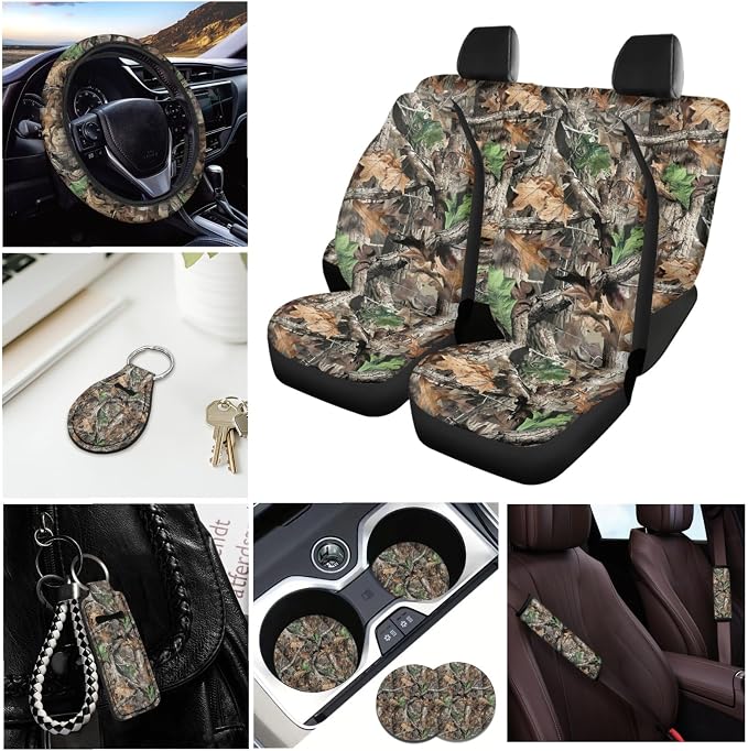 INSTANTARTS Hunting Camo Forest 13 Pcs Car Seat Cover Set Seat Belt Cover Steering Wheel Cover Key Fob Coaster Lipstick Cover Auto Protectors