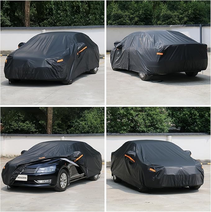 SEAZEN 7 Layers Car Cover Waterproof All Weather, Heavy Duty Car Cover for Automobiles with Zipper Full Exterior Cover Outdoor UV Snow Wind Protection, Universal Full Car Cover for Sedan 201" to 209"