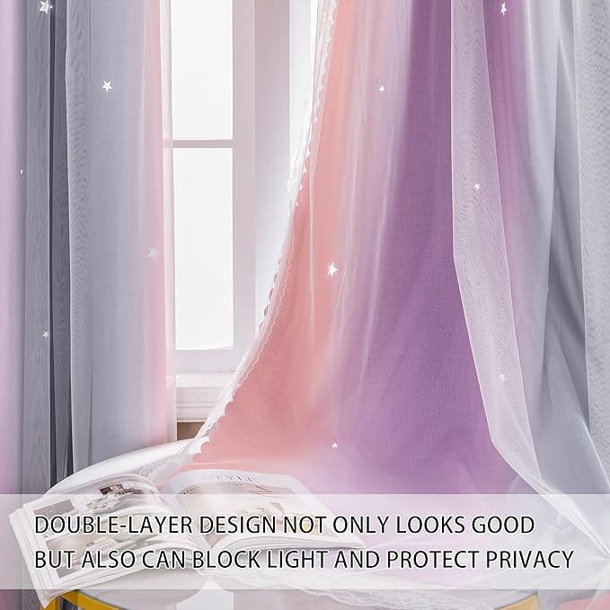 XiDi Girls Curtains for Bedroom 96 Inches Long 2 Panels Grey Pink Purple Rainbow Blackout Curtains for Little Girl Kids Room Decor Living Room, Princess Unicorn Wall Decals Drapes 52x96