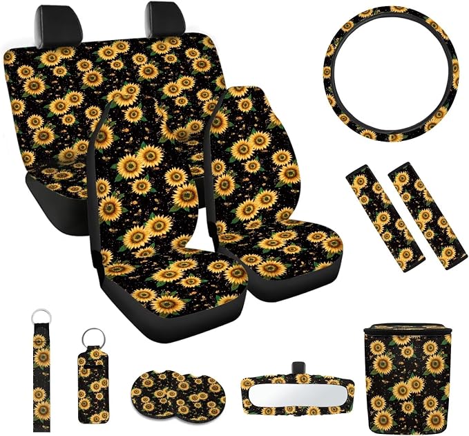 Sunflower Print Car Seat Covers Full Set with Steering Wheel Cover Car Seat Belt Cover Rear View Mirror Cover Car Trash Can Car Coasters Wristlet Keychain Keychains，Set 12 Pcs