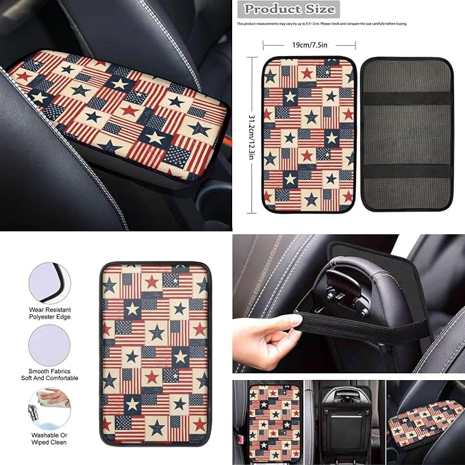Wanyint Car Seat Cover Full Set 12 PCS, with Steering Wheel Seat Belt Cover Armrest Pad Coasters Handbrake Gear Shift Knob Set 4th of July Auto Accessories Decor, Vintage US Flag Patchwork