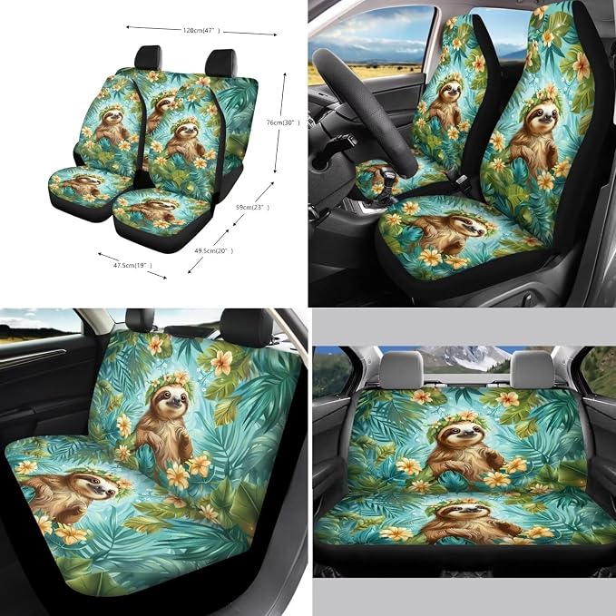 Xoenoiee Sloth Floral Leaf Print Car Seat Cover Full Set with Steering Wheel Cover, Seat Belt Cover, Coasters, Key Chains for Cars SUV, Universal Auto Accessories - 11 Pack