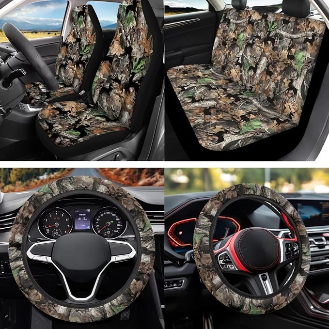 Camo Hunting Car Seat Covers Full Set 12 Pack Steering Wheel Cover Center Console Cover Cars Coasters Car Seat Belt Cover Universal Fit Automotive Most Cars