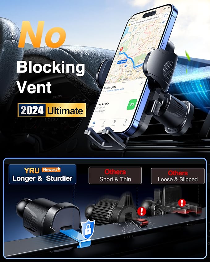 YRU Upgraded Universal Car Phone Holder Mount【360°Rotatable & Strong Suction】 Cell Phone Car Dashboard Windshield Phone Holder Dash Vent Stand for iPhone 17 16 Pro Max Samsung Truck, Graphite Black
