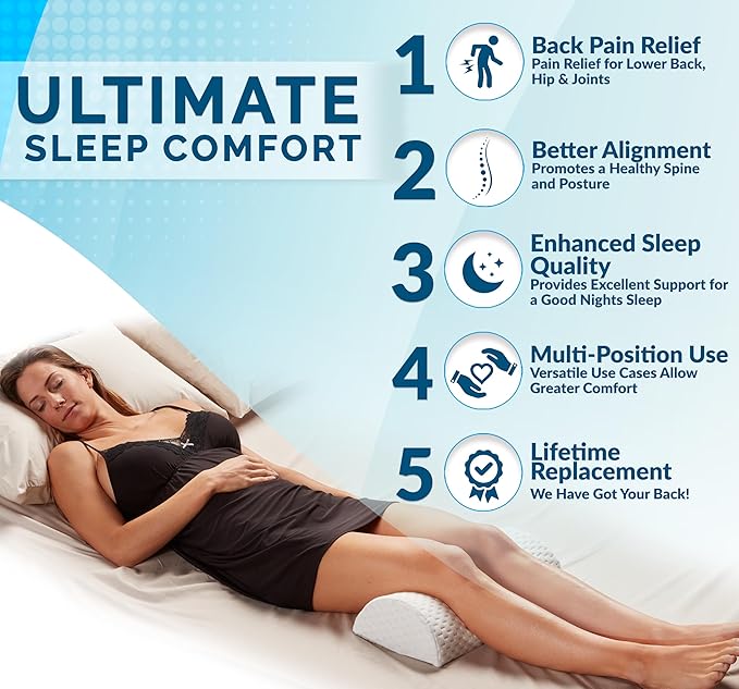 ComfiLife Knee Pillow for Back Sleeping – 100% Memory Foam Bolster Pillow for Legs – Under Knee Pillow for Sleeping on Back – Leg & Hip Pain Relief for Side Sleepers – Half Moon Pillow