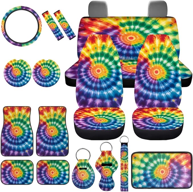 Tie Dye Car Cover Seats Full Set with Vehicle Front Rear Carpets Mats Seat Belt Cover Pad Steering Wheel Cover Lipstick Holder Keychain Rainbow Tie Dye Car Accessories Set 17Pcs for Women Man