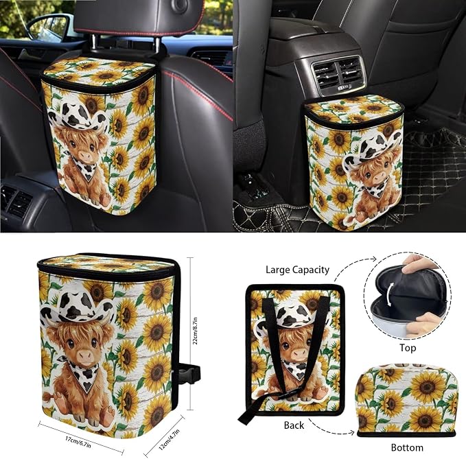 Wanyint 15 PCS Car Seat Covers Full Set with Steering Wheel Cover Seat Belt Pads Trash Bin Sunglass Pocket Rear View Mirror Protector Coasters Key Chain, Cowboy Highland Cow Sunflower