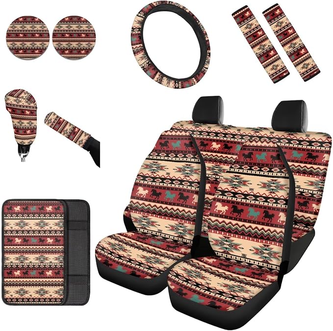 Dreaweet Car Seat Covers Full Set 12 Pcs Navajo Horse Car Accessories Decor Universal Seat Covers for Truck SUV with Steering Wheel Cover/Armrest Cover/Seatbelt Covers/Cup Coasters/Gear Shift Cover