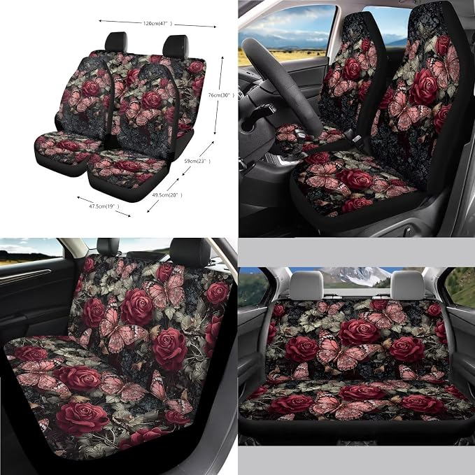Rose Butterfly Print Car Seat Covers Front and Back Full Set with Steering Wheel Cover Armrest Cushion Safety Belt Pads Inside Rearview Mirror Cover Trash Bin, Universal Fits