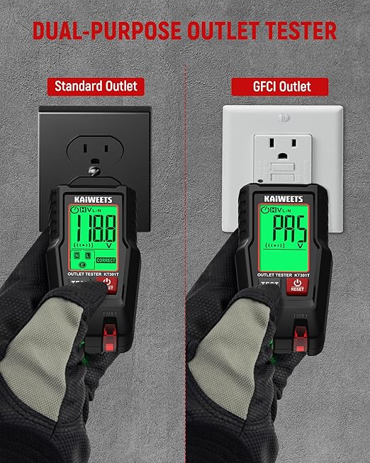 KAIWEETS GFCI Outlet Tester with LCD Display, 3-Prong Receptacle Wiring Detector, Voltage Socket Checker, Auto Hold, Electrical Diagnostic Tool for 120V AC Home Outlets
