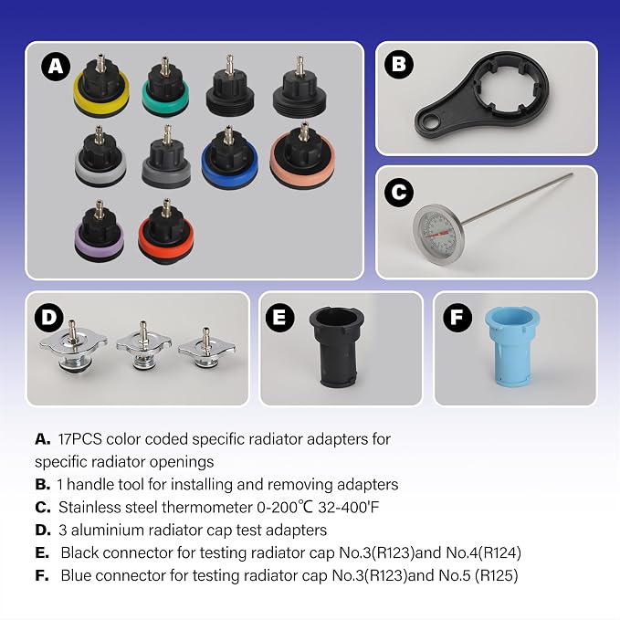 18pcs Universal Radiator Pressure Tester Kit, Coolant Vacuum Refill kit，Coolant Pressure Tester Kit with Manual Pump and Color-Coded Test Caps (Black)