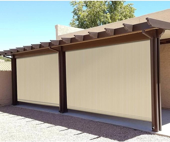 E&K Sunrise Outdoor Roll up Shade Blinds Roller Shade 6'Wx11.5'H Beige for Patio Porch Pergola Deck Gazebo Yard Privacy Screen Roll Down Blinds 90% Sun Blockage