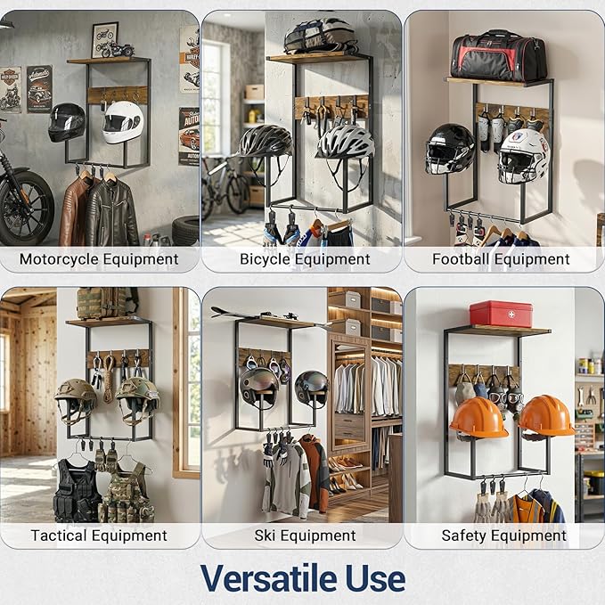 Housolution Motorcycle Helmet Wall Mount, Helmet Holder with 4 Glove Chips and 4 Hooks for Riding Suits & Accessories, Helmet Stand Display for Bike, Caps, Baseballs and Rugby Helmets for Garage