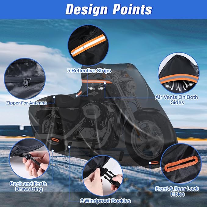 Motorcycle Covers Waterproof Outdoor Storage,600D Large Motorcycle Cover,Nano Silver Inner,fits Street Glide,Road Glide, Road King Special,Sports Motorcycle Cover,Side Box(118"X43.3"X56" Black)