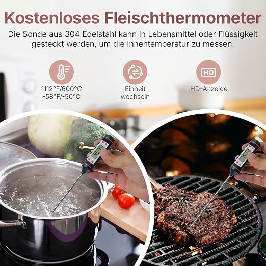 Tilswall Infrared Thermometer, Laser Temperature Gun, -50°C~600°C (-58F~1112F)with Adjustable Emissivity, for Cooking/Pizza Oven/BBQ/Vehicle Repair, Meat Thermometer included, Not for Human(OW), W301