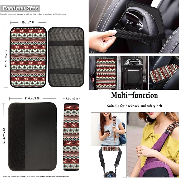 Dreaweet Navajo Seat Covers for Cars Full Set Native Tribal Horse Car Accessories Seat Covers with Steering Wheel Cover/Armrest Cover/Seatbelt Covers/Cup Holders/Gear Shift Cover/Handbrake Cover,12Pcs