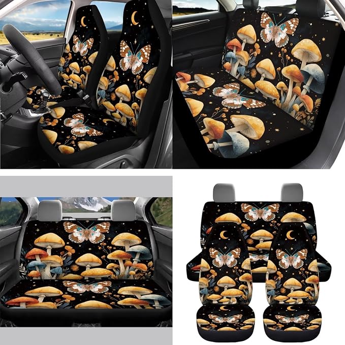 Mushroom Moth Floral Car Seat Covers Full Set 15 Pcs Universal Car Accessories Steering Wheel Cover Seat Belt Pads Garbage Bag Car Headrest Pillow Covers Armrest Pad