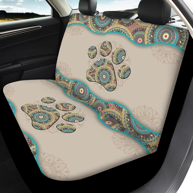 POLERO Boho Dog Paw Car Seat Covers Full Set Front and Rear Split Bench Protection with Seat Belt Shoulder Pads, 11 Pack