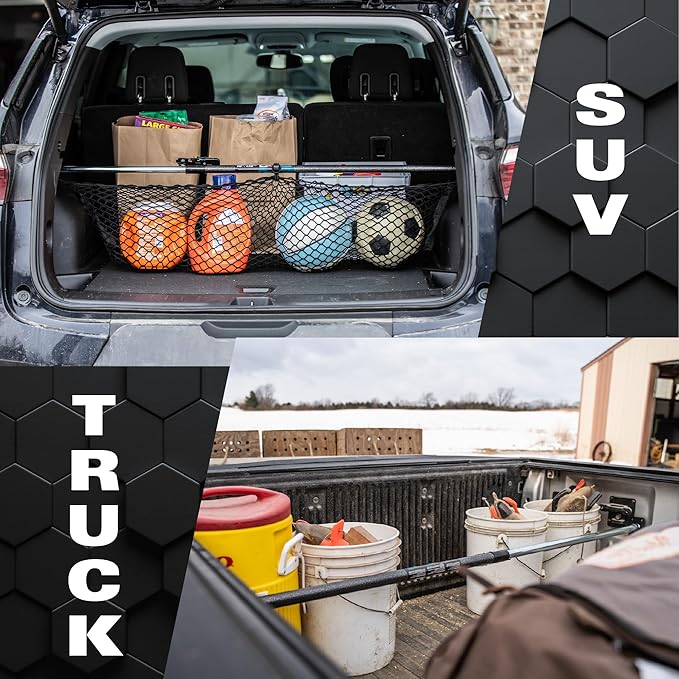 KEEPER Ratcheting Cargo Bar - Rubber, Black/Silver, Adjustable from 40"-70" - Comes with 60” x 24” Storage Net (5060), For Truck