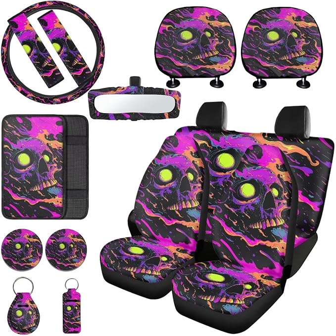 Skull Print 15Pcs Automotive Seat Covers Full Set Universal Car Front Rear Seat Covers with Decorative Steering Wheel Cover Center Console Pad Safety Belt Pads Headrest Protectors