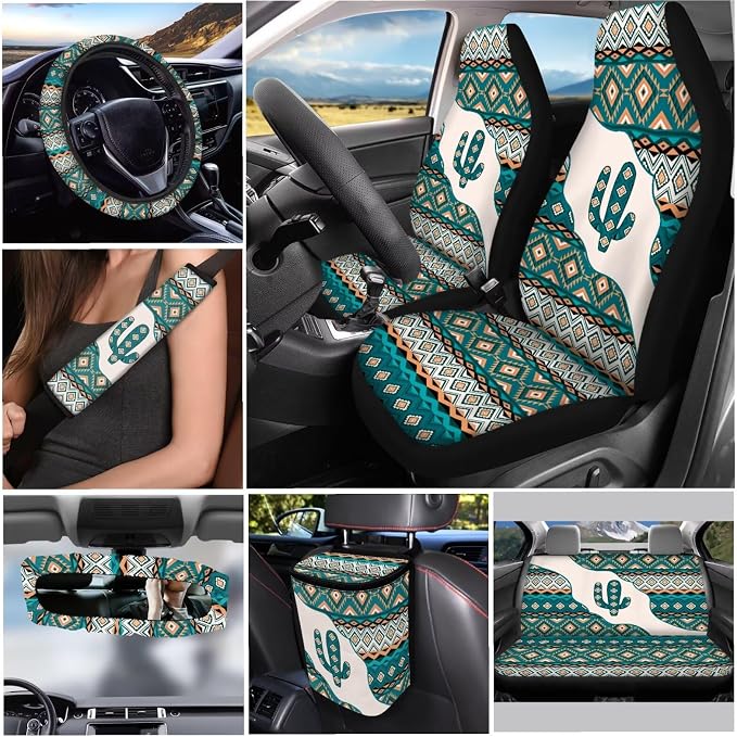 Aztec Cactus Car Seat Covers Set of 12 Car Seat Belt Pad Cover Steering Wheel Cover Car Trash Can Rear View Mirror Cover Car Cup Coasters Keychains Keychain Holder