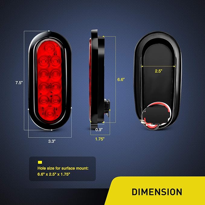 Nilight - TL-01 6" Oval Red LED Tail 2PCS w/Surface Mount Grommets Plugs IP65 Waterproof Stop Brake Turn Trailer Lights for RV Truck Jeep